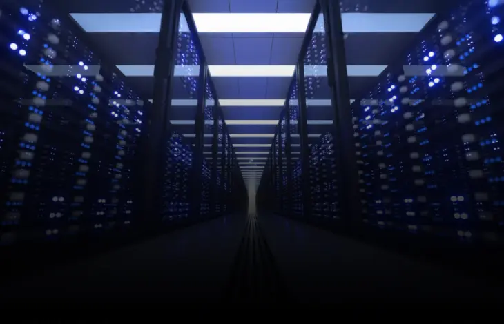 A narrow aisle inside a futuristic data center, illuminated by rows of server racks with glowing blue lights, creating a high-tech ambiance