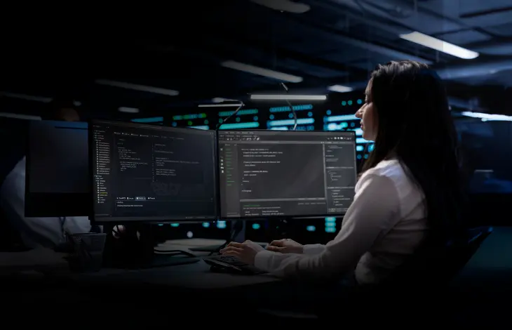 A female software developer working on dual monitors in a darkened office environment, displaying lines of code and programming tasks, with a glowing data center backdrop
