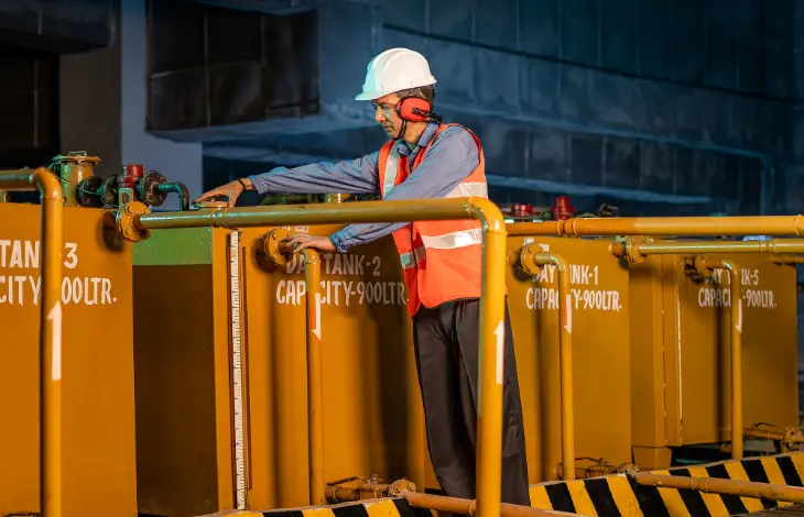 A worker in a hard hat and safety vest adjusts the valves on large industrial tanks, demonstrating safety and equipment management in an industrial setting