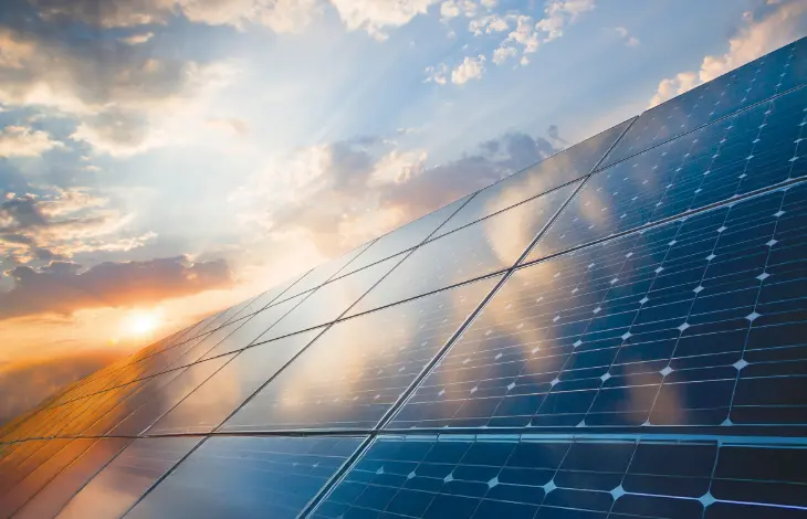A close-up view of solar panels reflecting sunlight under a cloudy sky, with a warm golden glow from the setting or rising sun, emphasizing clean energy and sustainability