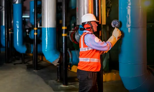A worker in safety gear, including a hard hat, orange vest, and ear protection, is inspecting industrial pipes in a factory setting. The worker is using a magnifying device to examine the pipes, which are painted blue, while surrounded by large machinery in a well-lit indoor industrial environment