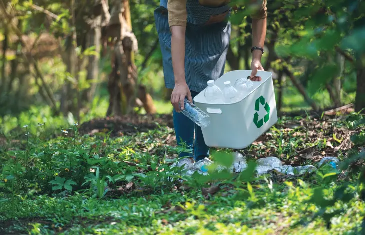 A person placing plastic bottles into a recycling bin in a lush green environment, as part of an effort to reduce waste and promote sustainability